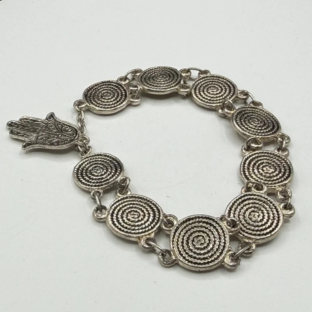 Silver Tone Hamsa Hand Charm Bracelet Spiral Medallion Boho Statement Jewelry